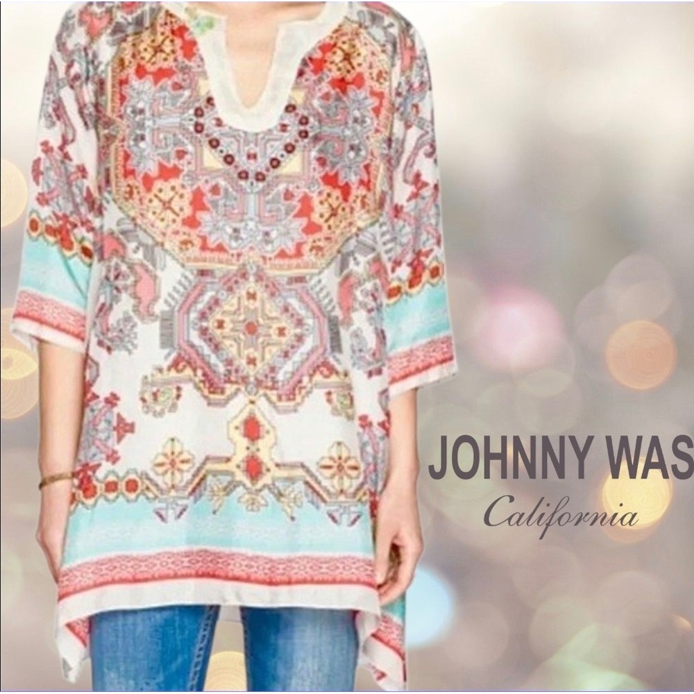 Johnny Was Womens Alamo Silk Geometric Floral Split Neck Tunic Multicolor Medium